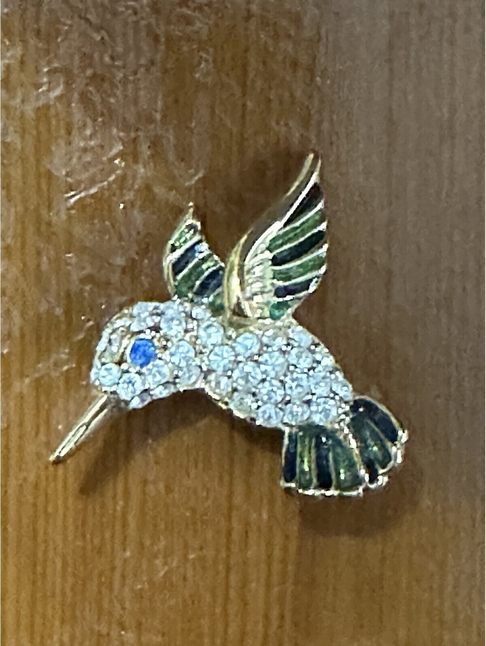 Vintage Hummingbird Brooch Pin Gold Tone Green Blue Enamel Clear Rhinestones